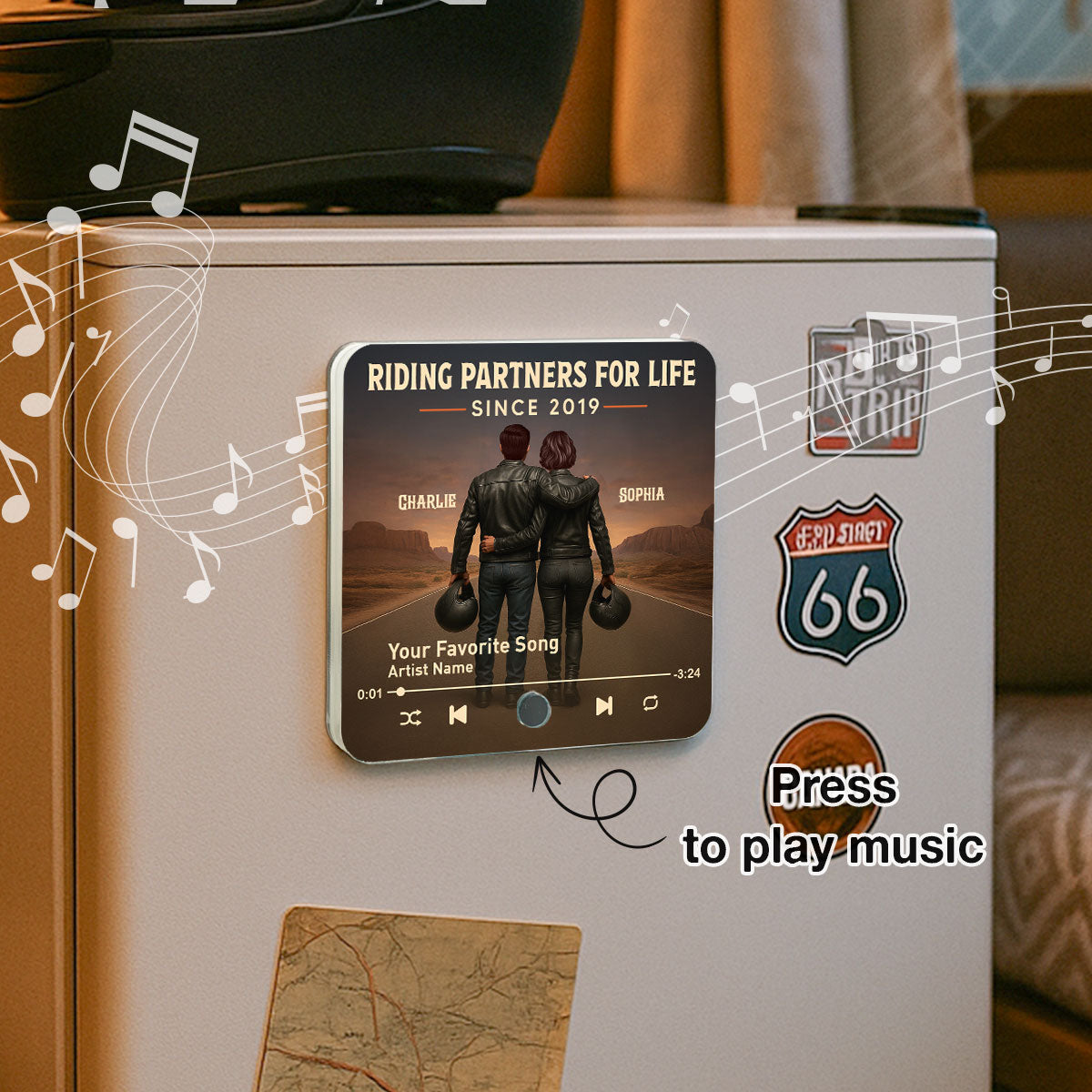 3D Effect Custom Figure Couple Bikers Riding Partners For Life Personalized Music Fridge Magnet