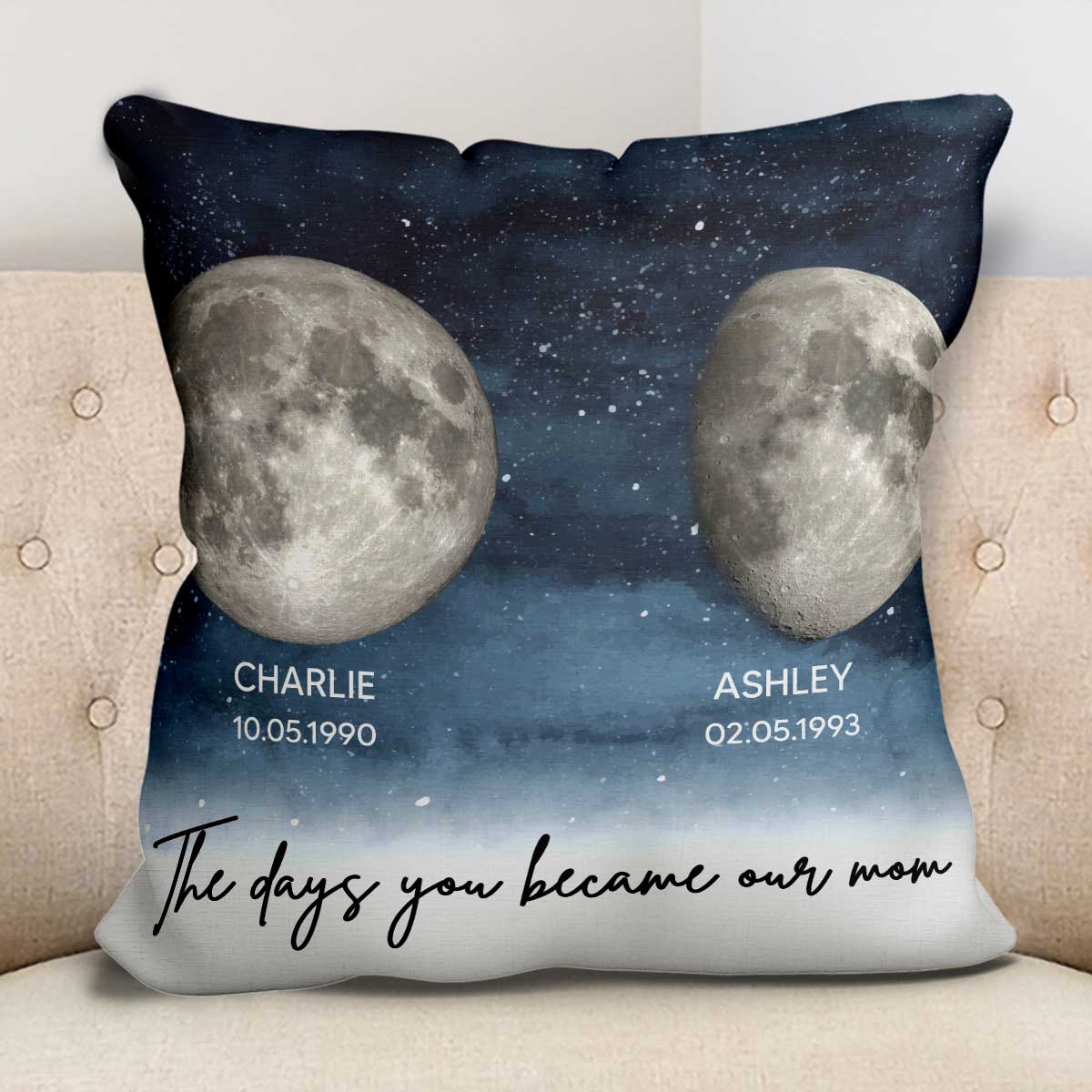 Starry Night Custom Birthday Moon Phase The Day You Became Mom Personalized Pillow, Gift