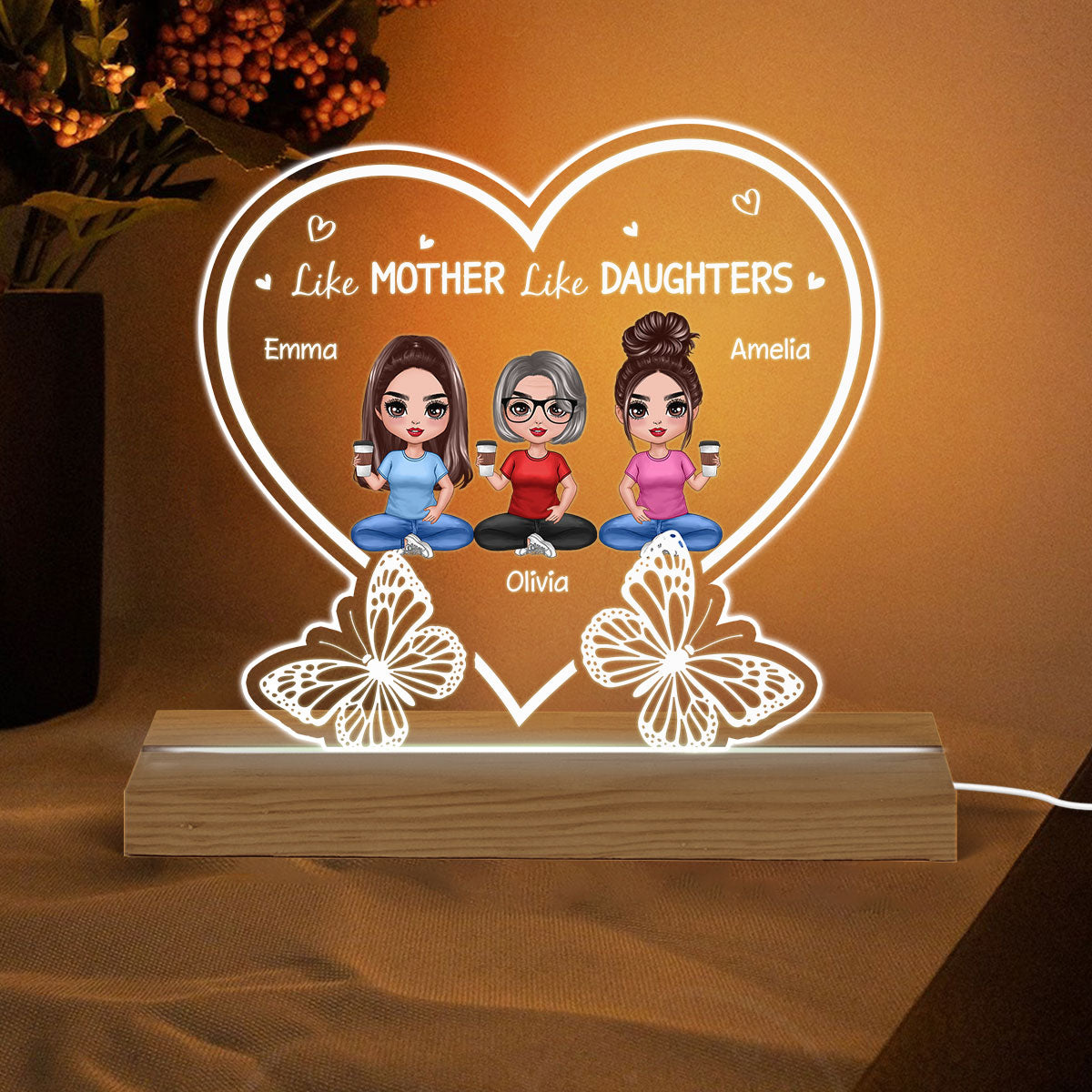 Mother Daughters Sitting Doll With Butterflies Personalized Custom Shape Acrylic LED Night Light