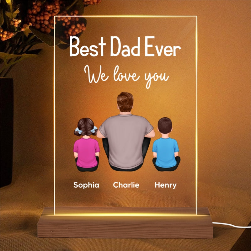 Simple Best Dad Grandpa Ever Back View Man And Kids Dogs Cats Sitting Personalized Personalized Rectangle Acrylic Plaque LED Night Light