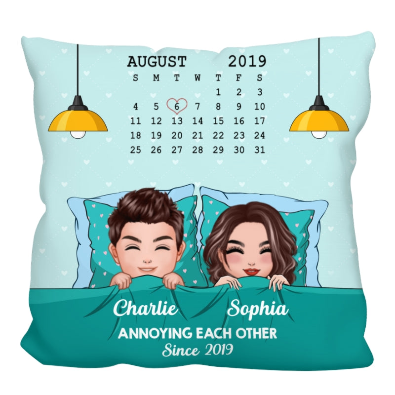 Sleeping Couple Annoying Each Other Anniversary Date Personalized Pillow
