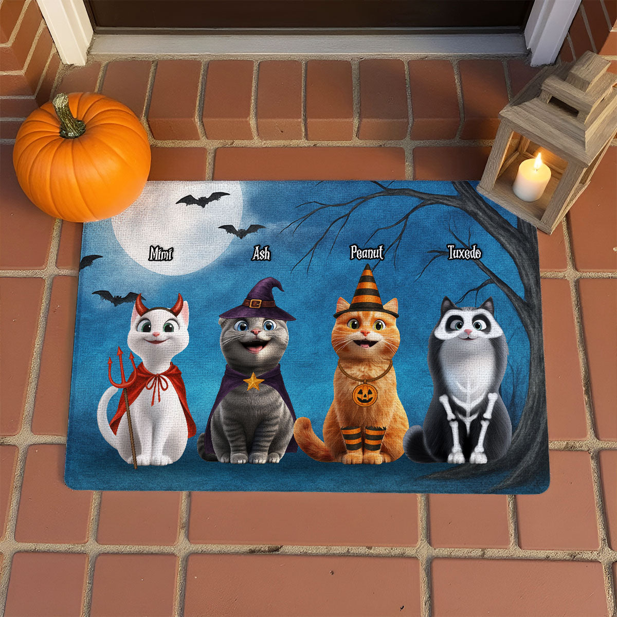 Halloween Cute Cats Sitting in the Moon Light Personalized Doormat, Halloween Decor for Cat Lovers