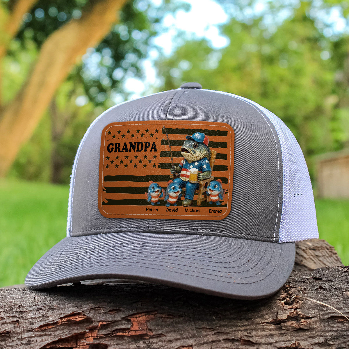 Fishing Dad Nation Flag Personalized Leather Patch Hat, Father's Day gift