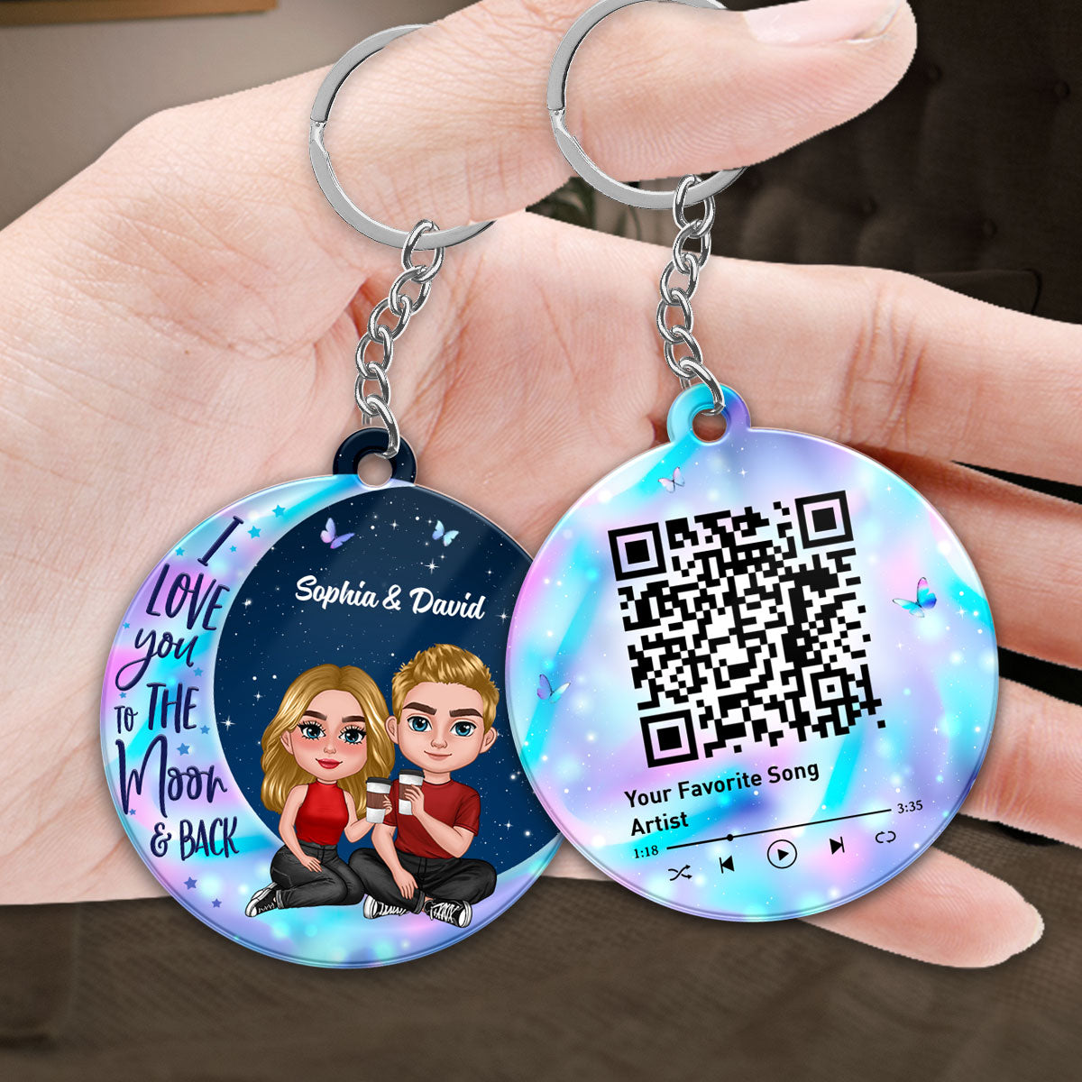 Doll Sitting Together On Galaxy Moon Favorite Song Scannable QR Code Personalized Acrylic Keychain
