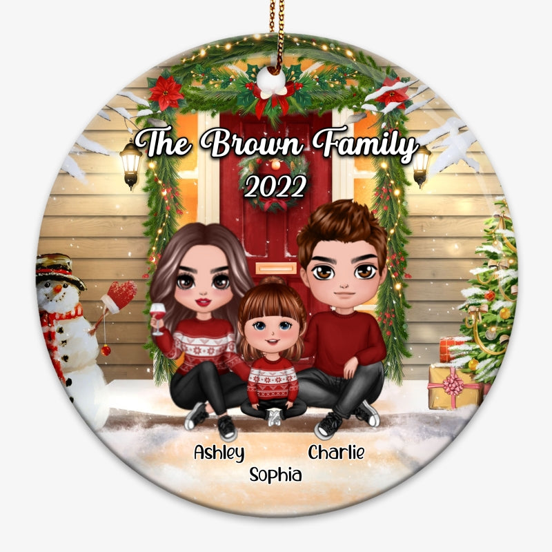 Family Christmas Front Porch Personalized Circle Ornament