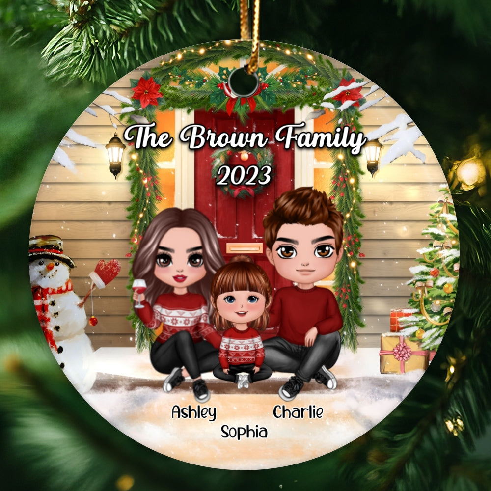 Family Christmas Front Porch Personalized Circle Ornament