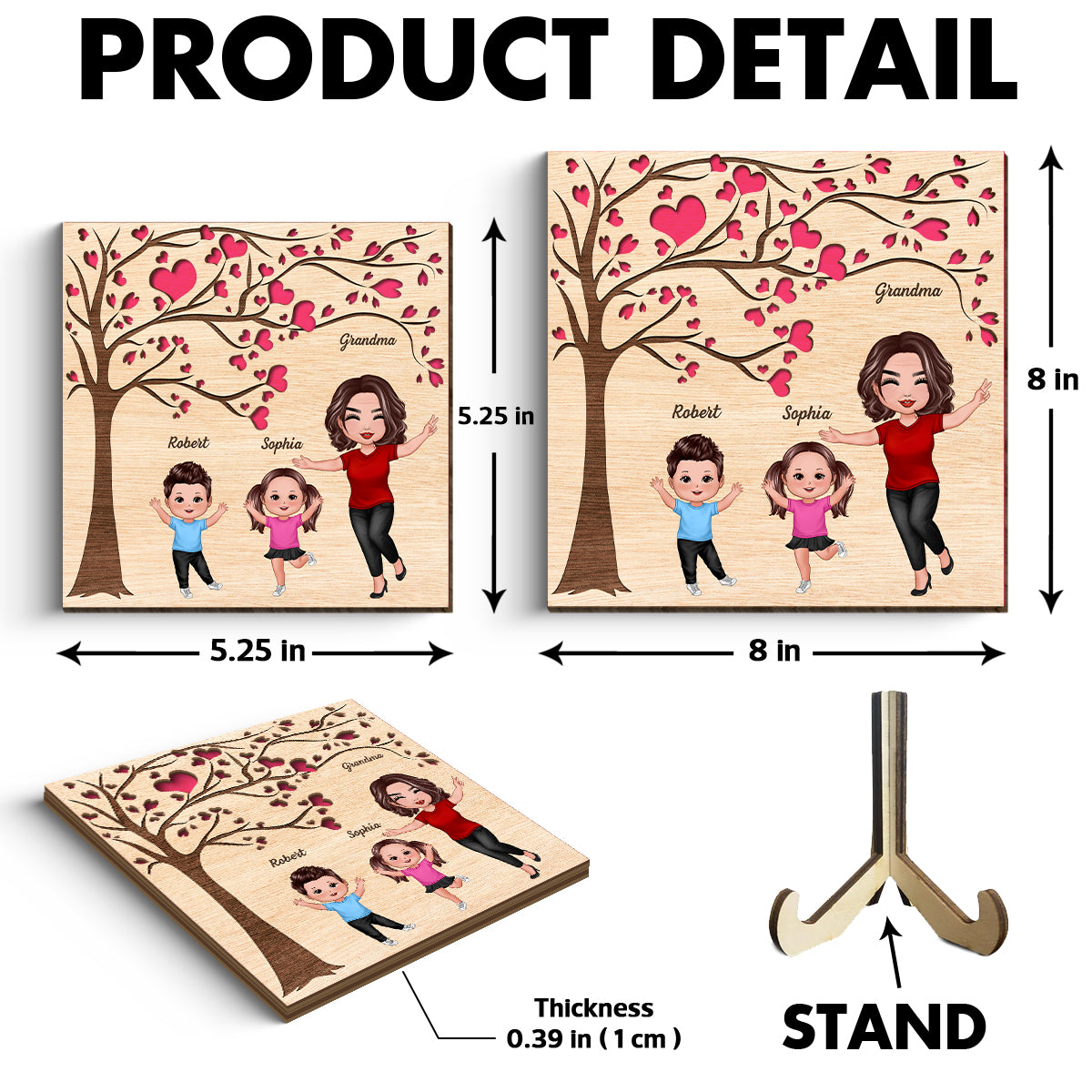 Grandma Grandkids Under Heart Tree Engraved Personalized 2-layer Wooden Plaque