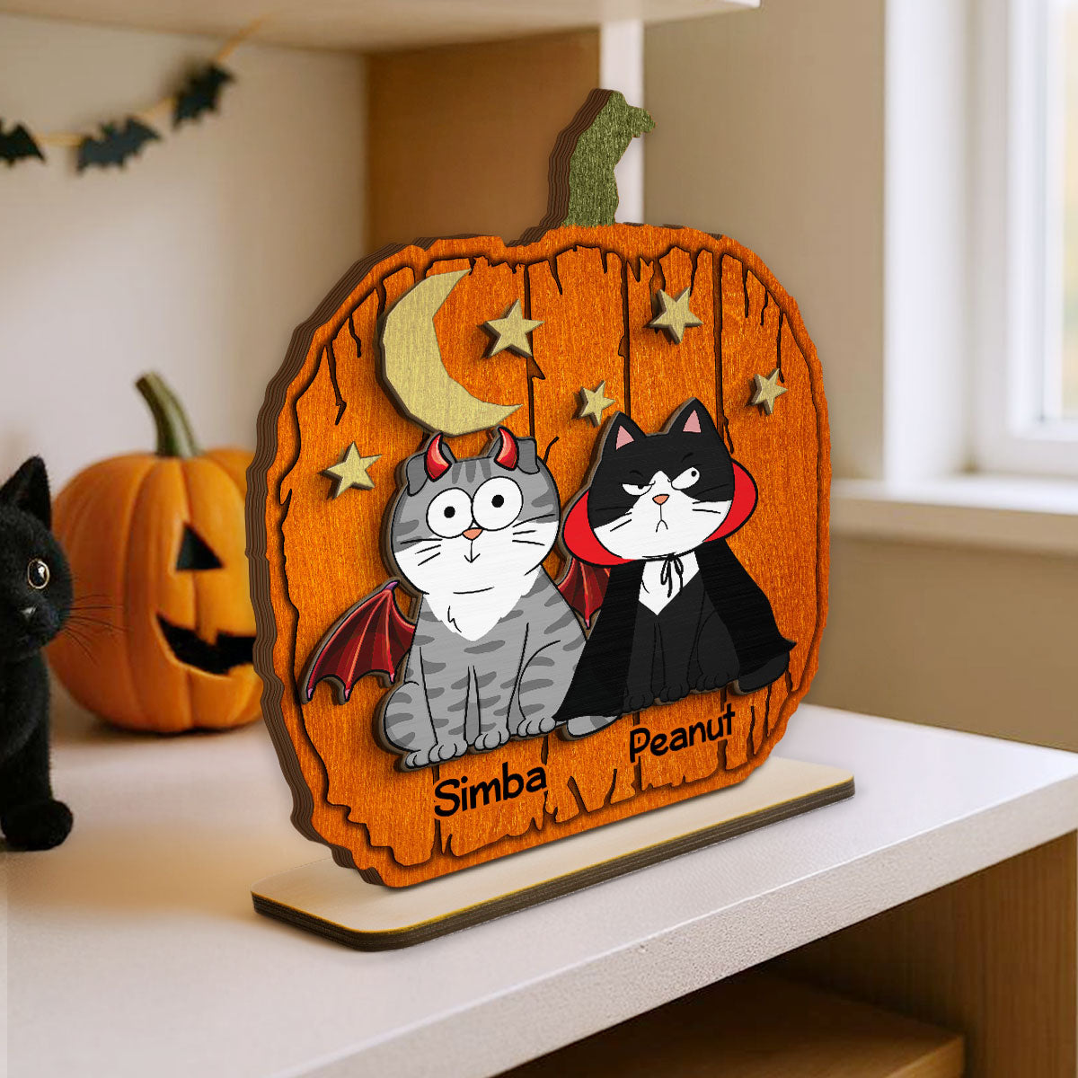 Halloween Funny Cats Pumpkin Shaped Personalized 2-Layer Standing Wooden Plaque, Spooky Halloween Tabletop, Tiered Tray, Shelf Sitter Decoration