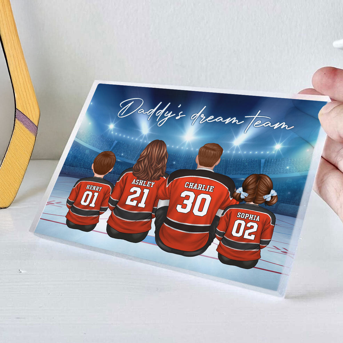 Daddy's Team Hockey Family Sitting Personalized Acrylic Block, Unique Father's Day Gift for Dad, Gift for Husband