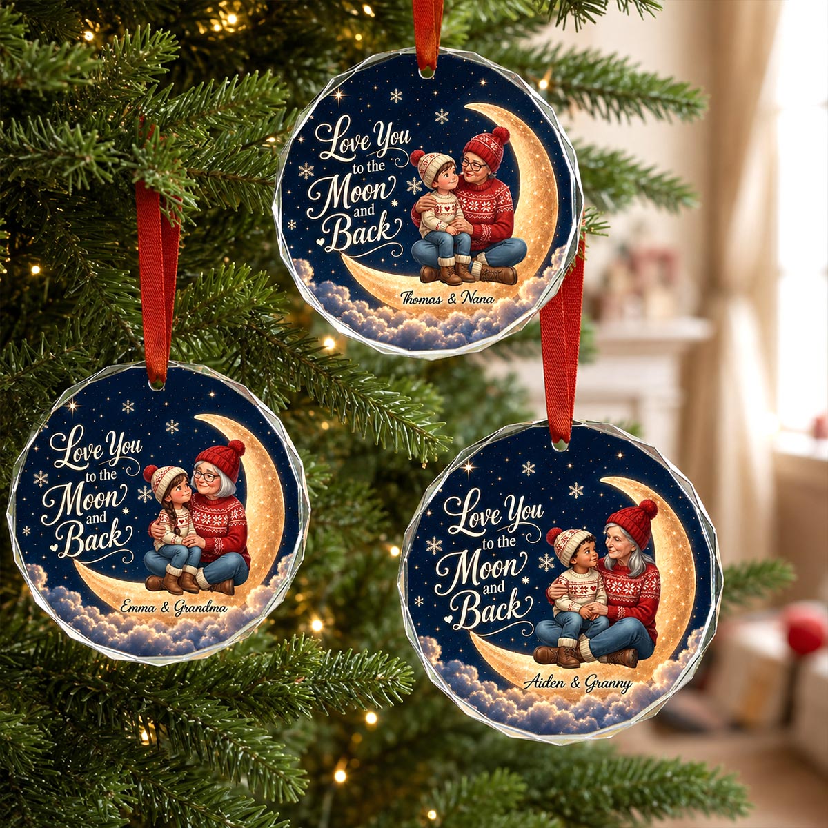 Love You To The Moon And Back Grandma Grandkid Portrait From Your Photo - Personalized Glass Ornament - Christmas Gift For Grandchildren