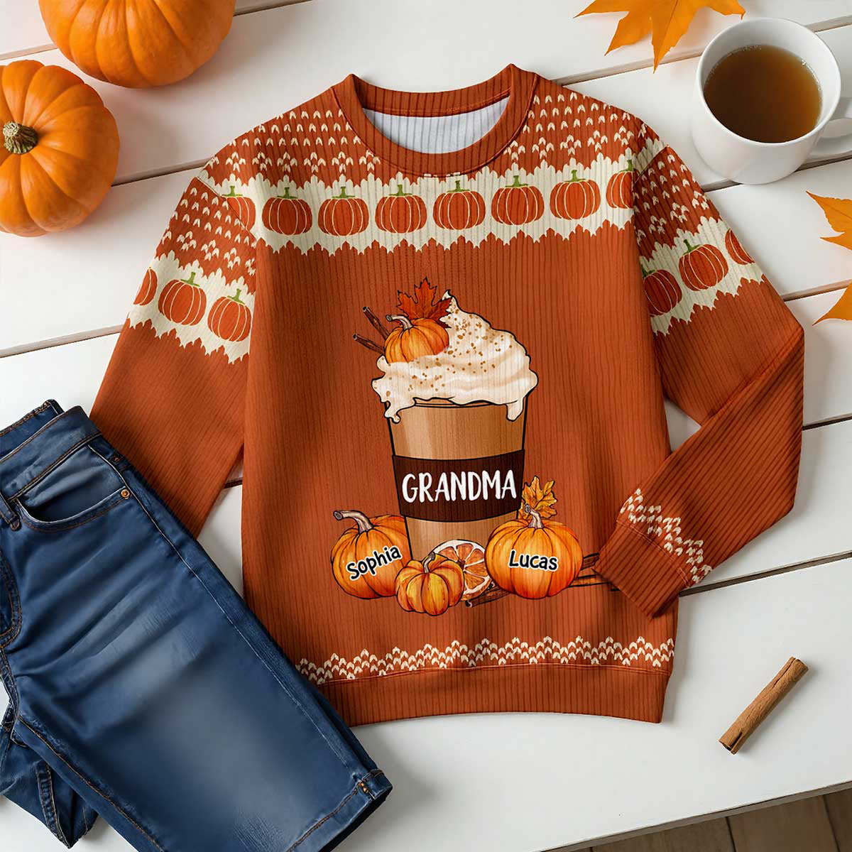 Cozy Fall Vibe Grandma Pumpkin Spice Latte Personalized Sweater