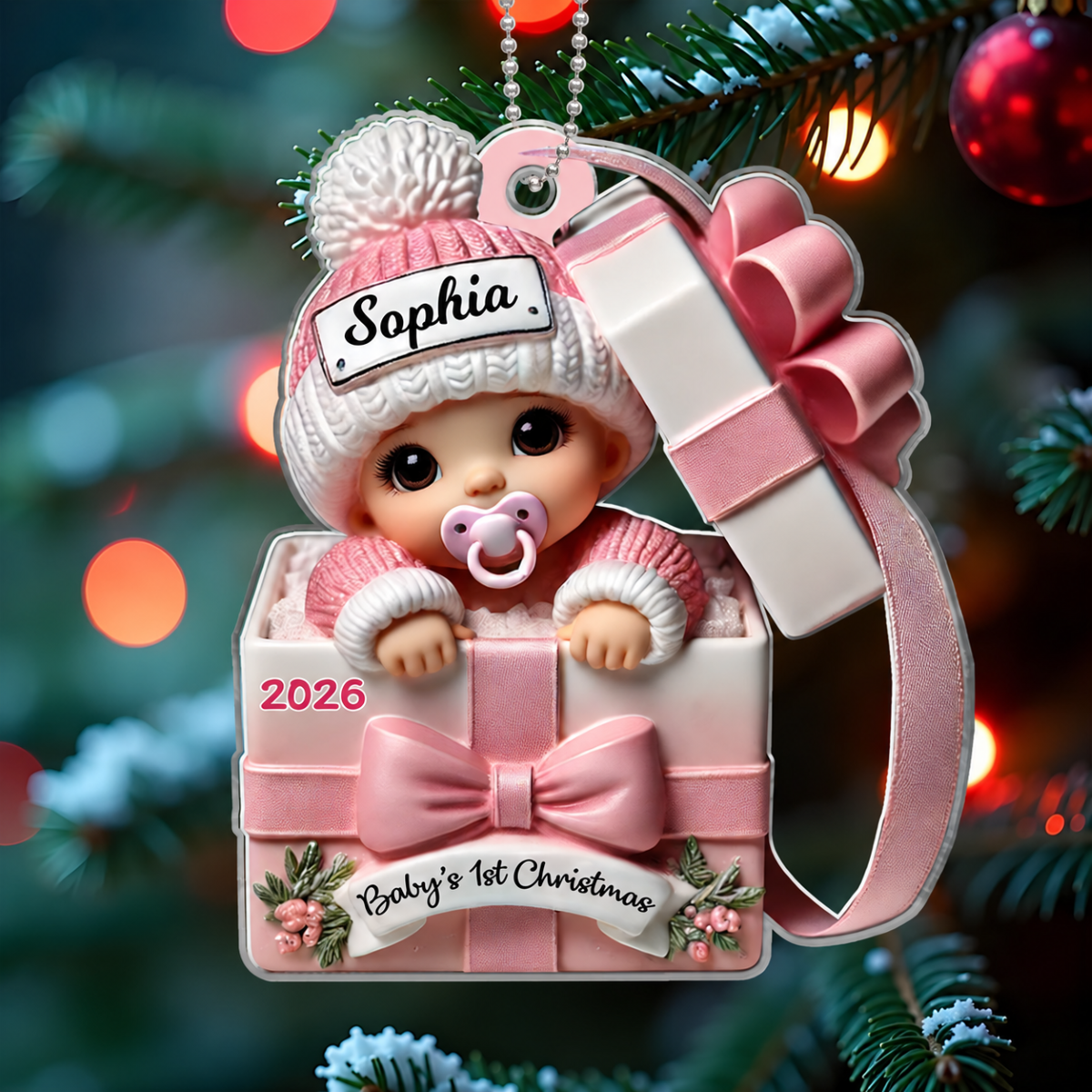 Baby Inside Gift Box 3D Effect - Personalized Acrylic Ornament - Lovely Keepsake to Celebrate Little Miracle, Christmas in July
