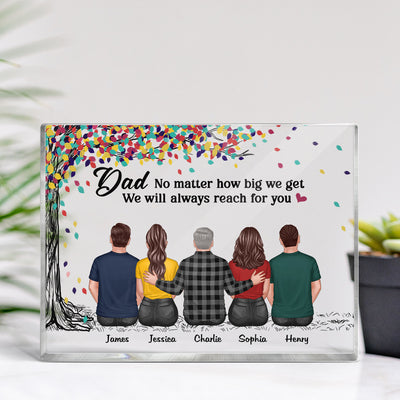 Back View Dad And Daughters Sons Sitting Under Colorful Tree Personalized Horizontal Rectangle Acrylic Block