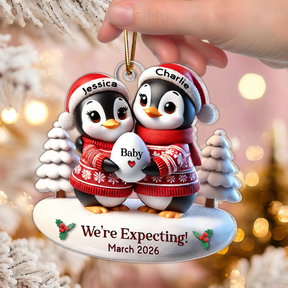 3D Effect Cute Penguin Couple Expecting Parents Pregnancy Announcement Keepsake Personalized Acrylic Ornament