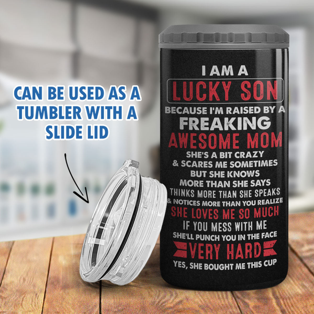I'm A Lucky Son Of An Awesome Mom, Personalized Can Cooler, Gift For Son From Mom