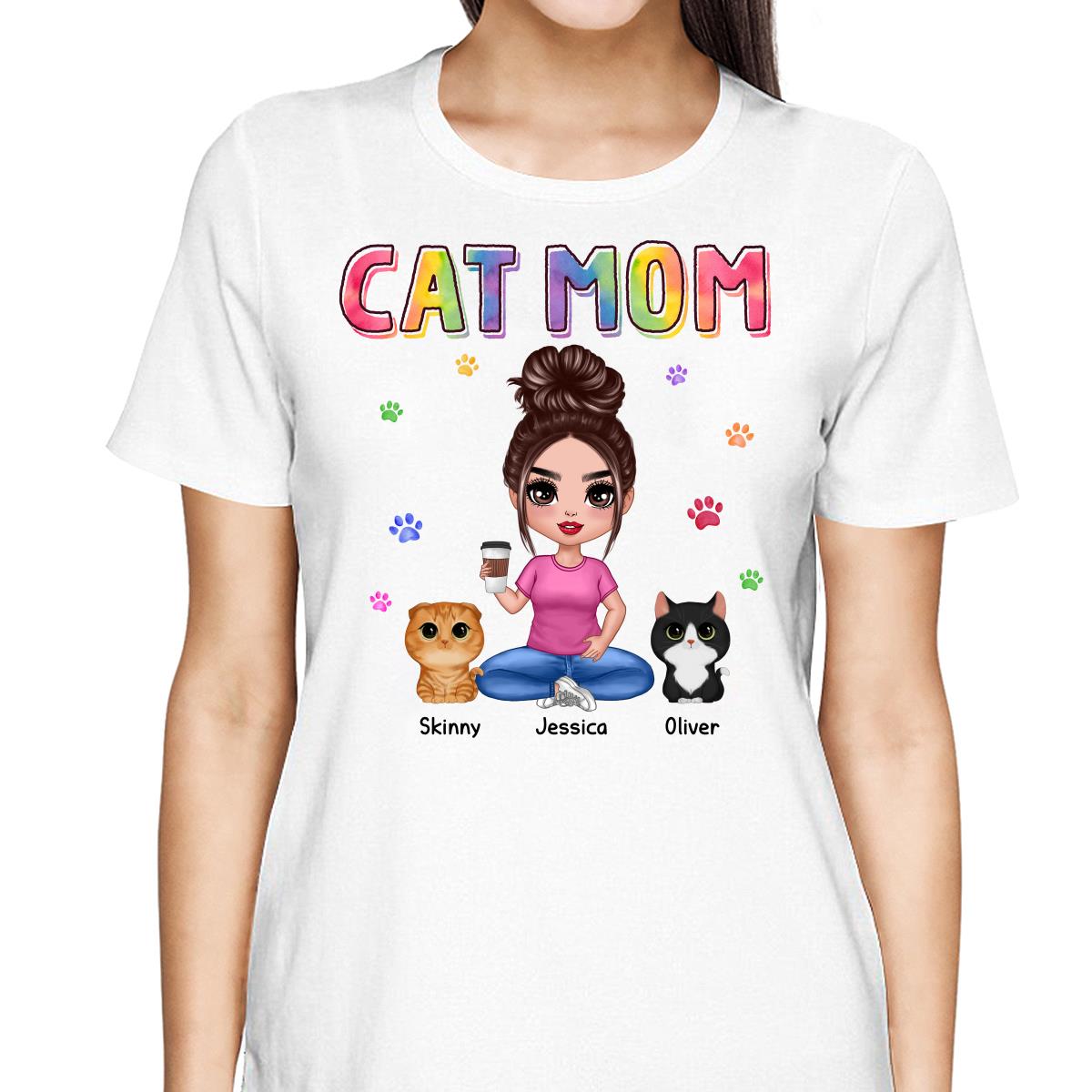 Colorful Paws Cat Mom Doll Woman Sitting With Watercolor Cute Cats Personalized Shirt