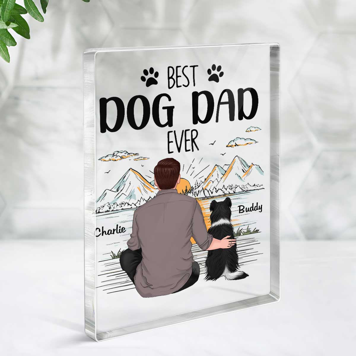 Best Dog Dad Ever Mountain Sketch Personalized Rectangle Acrylic Block Plaque