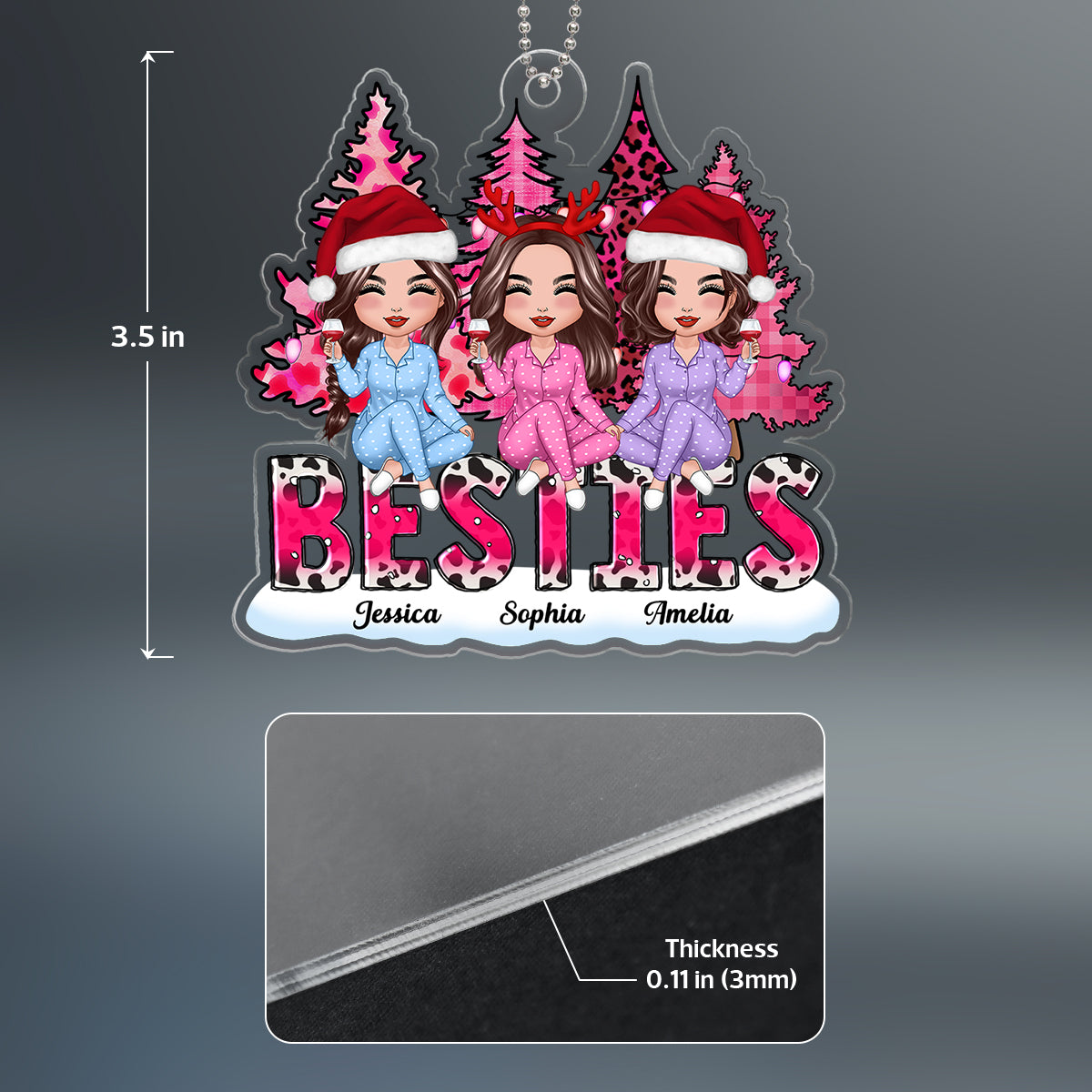 Pink Leopard Christmas Trees Besties Sisters Personalized Acrylic Ornament