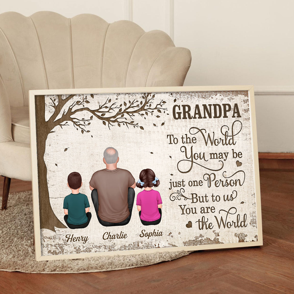 Grandpa And Kids Dogs Cats Sitting Under Tree Personalized Poster, Gift For Grandpa