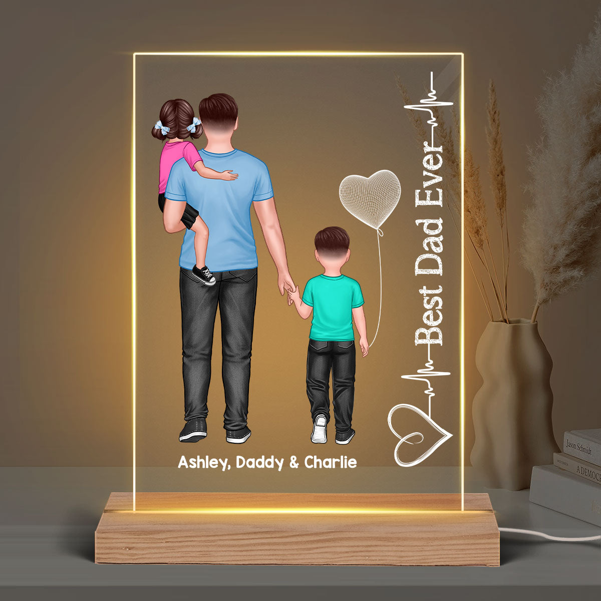 Dad Holding Kids Heart Beat Personalized Rectangle Acrylic LED Night Light