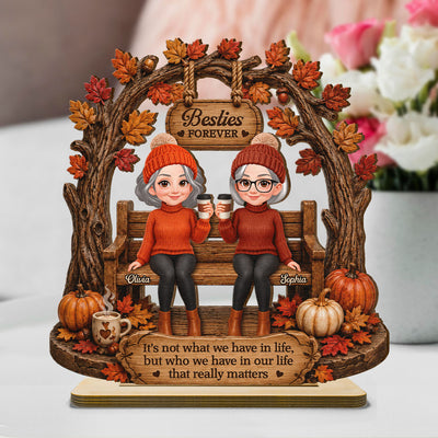 Fall Season Besties Under Tree Arch 2D Flat - Personalized Wooden Plaque - Fall Season Gift For Besties