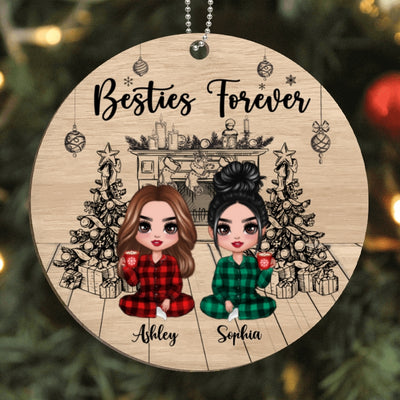 Christmas Outline Background Doll Besties Sisters Personalized Wooden Ornament