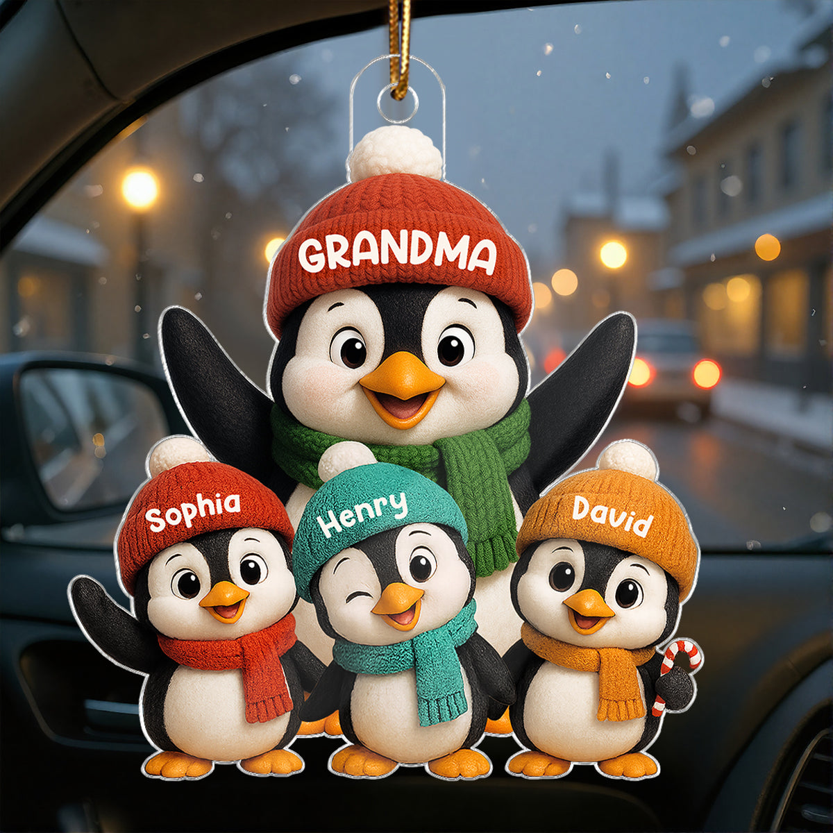 3D Effect Cute Christmas Penguins Grandma Grandkids - Personalized Acrylic Ornament