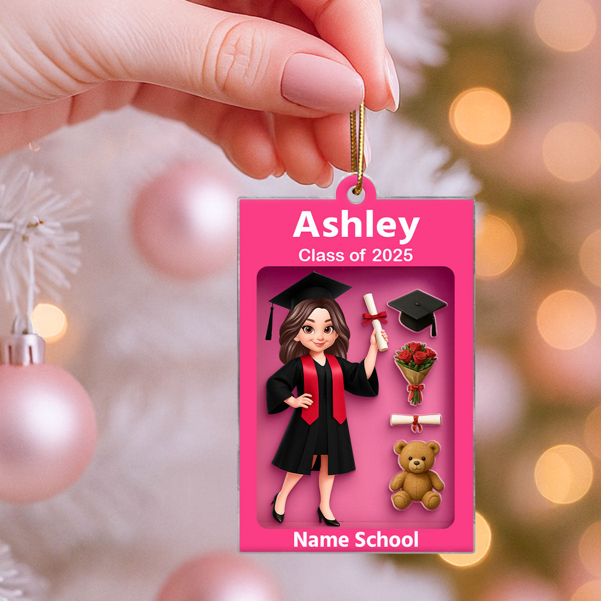 3D Effect Pink Toy Box Graduation - Personalized Acrylic Ornament - Gift For Seniors 2025