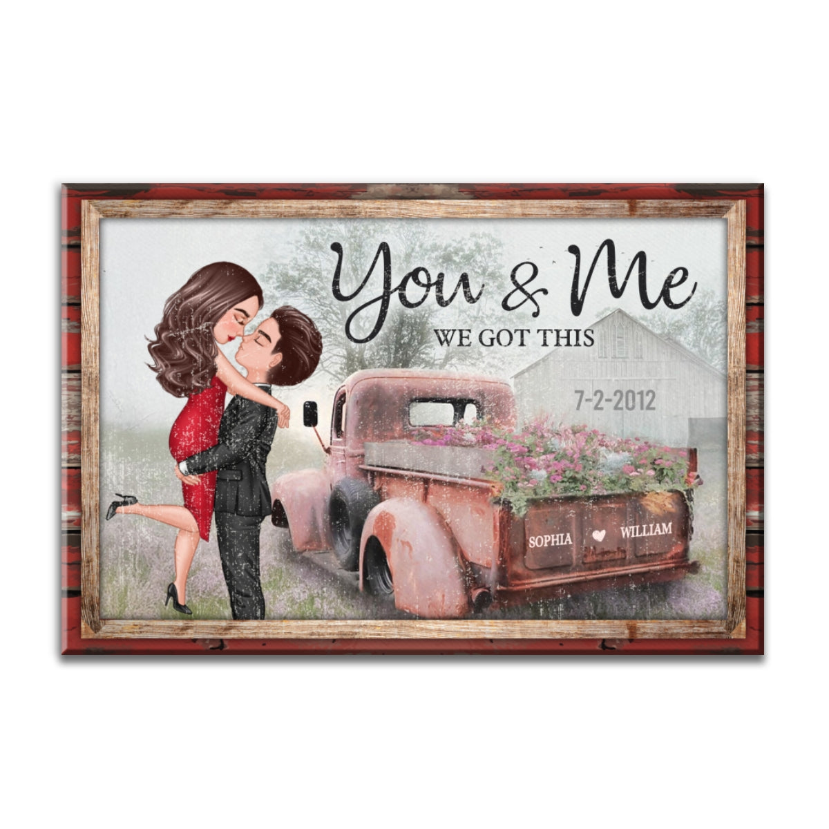 Red Vintage Truck Farmhouse Couple Hugging Kissing Personalized Canvas Print, Anniversary  Gift For Him, For Her