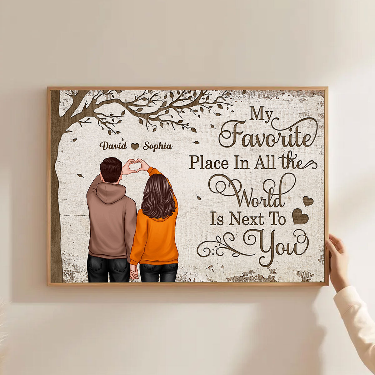 Back View Couple Heart Hands Favorite Place Personalized Horizontal Poster, Unique Valentine's Day Gift For Him, Gift For Her