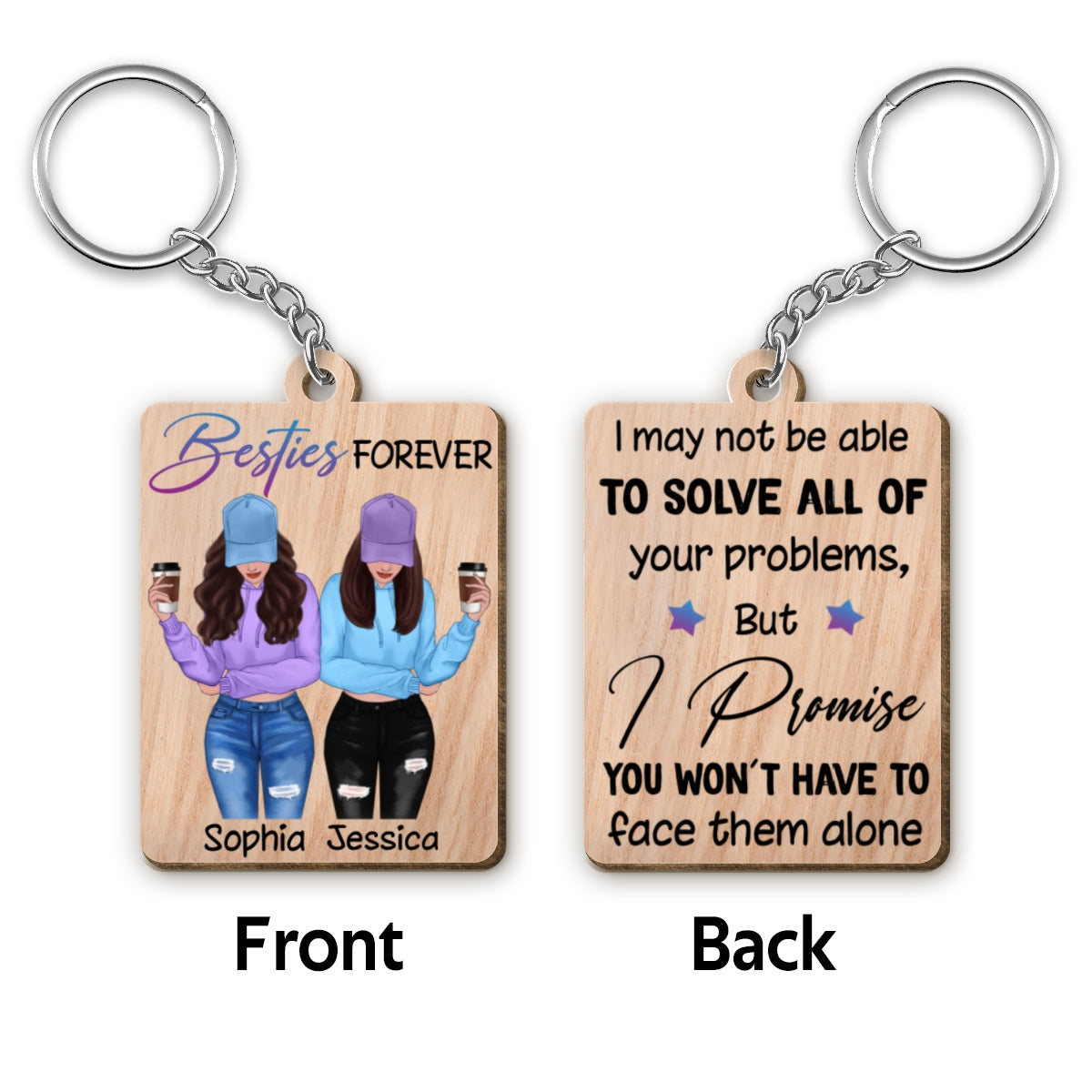 Front View Besties To My Besties Personalized Wooden Keychain