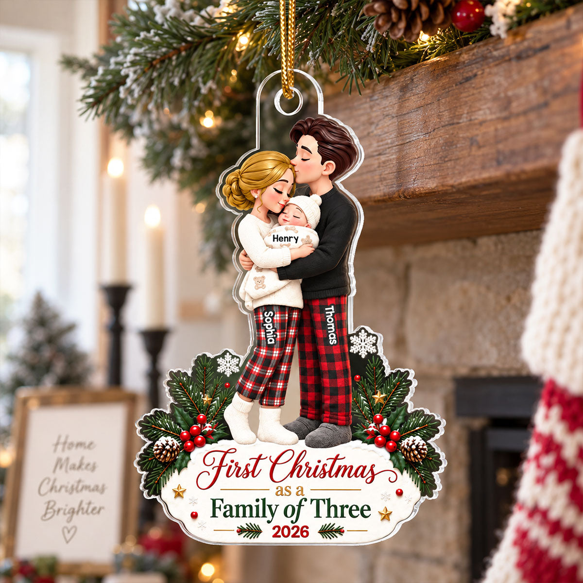Our First Christmas As Family Of Three 2D Flat Printed - Personalized Acrylic Ornament - Christmas Tree Keepsake For New Parents