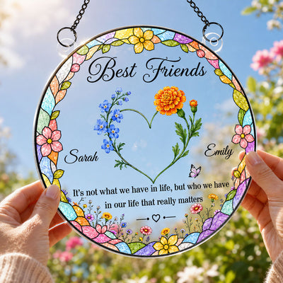 Best Friends Birth Month Flowers Heart Shaped - Personalized Acrylic Window Hanging - Friendship Gift for Besties