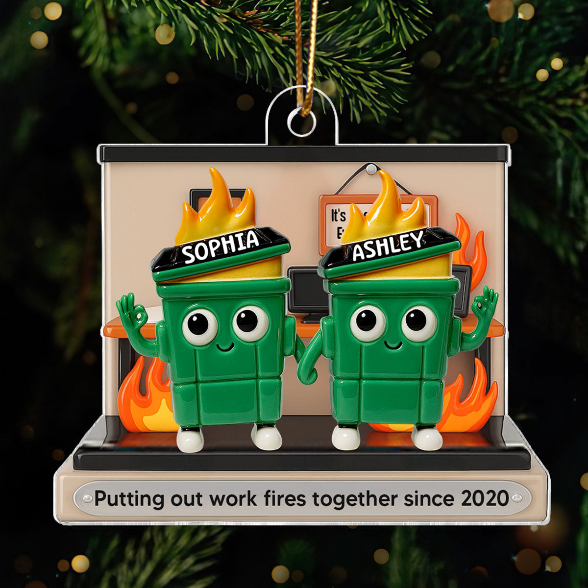 [BUY 1 GET 1 FREE] 3D Effect Dumpster Fires In Office Scene - Personalized Acrylic Ornament - Funny Gift For Colleagues, Work Besties