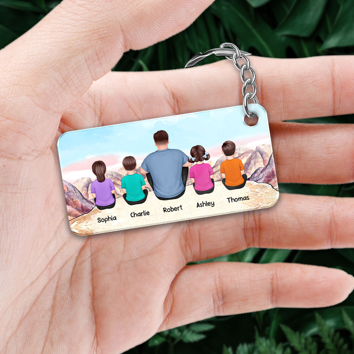 Dad And Kids Sitting Back View On The Cliff Personalized Acrylic Keychain