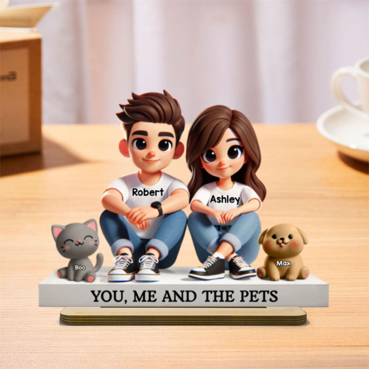 3D Effect Cute Couple And Dogs Cats Personalized Standing Wooden Plaque, Anniversary Gift,  gift, Couple Keepsake