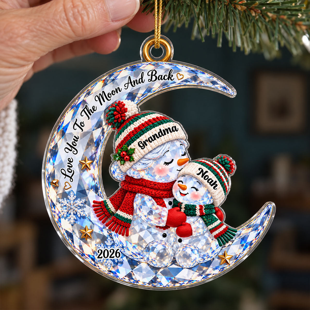 Grandma Grandkid Snowman On Moon Shiny Effect 2D Flat Printed - Personalized Acrylic Ornament - Christmas Gift For Grandkid, Grandson, Granddaughter