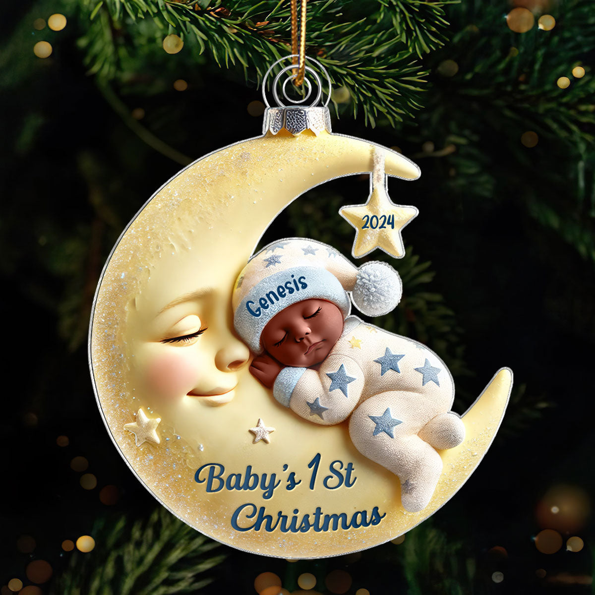 3D Effect Baby On Moon First Christmas 1st Christmas Keepsake - Personalized Acrylic Ornament