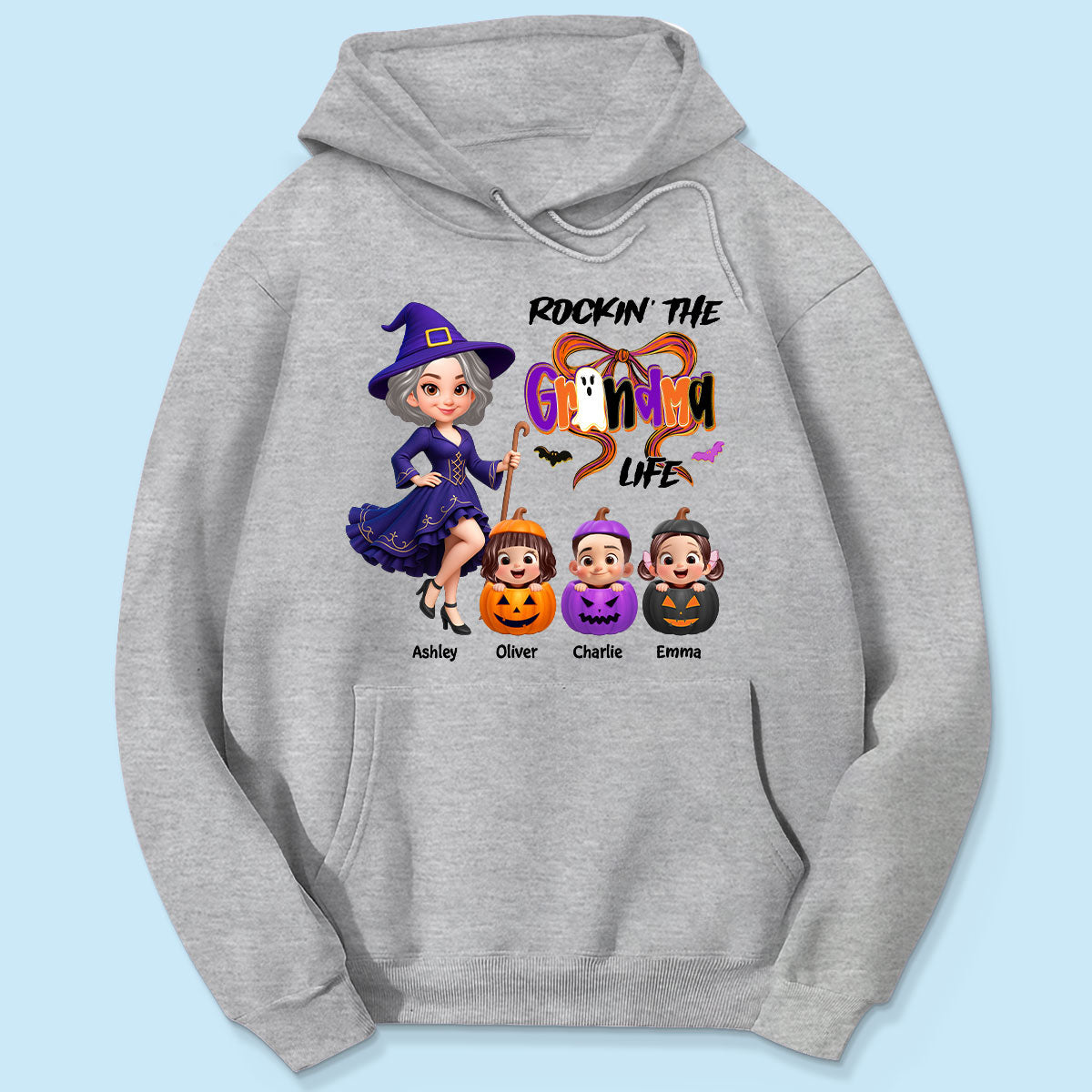 Rockin' Grandma Life Halloween Coquette Bow Grandkids Pumpkins Personalized Sweatshirt