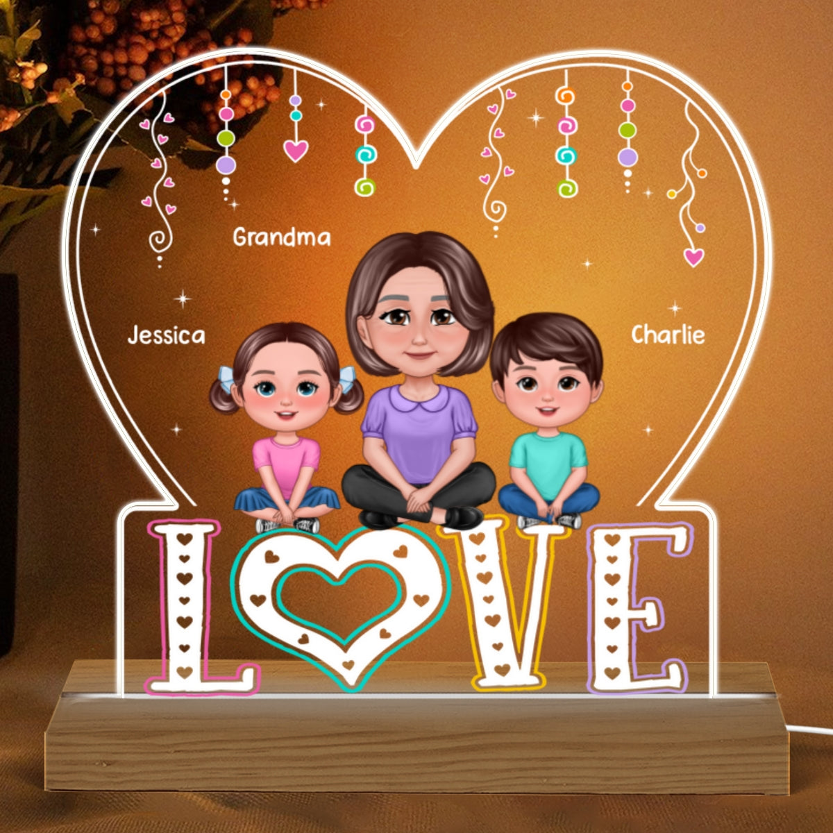 LOVE Pretty Woman Sitting With Kids On Word Personalized Custom Shaped Acrylic Plaque With Warm LED Night Light
