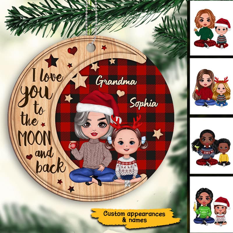 Checkered Pattern Doll Grandma & Grandkid On Moon Personalized Wooden Ornament