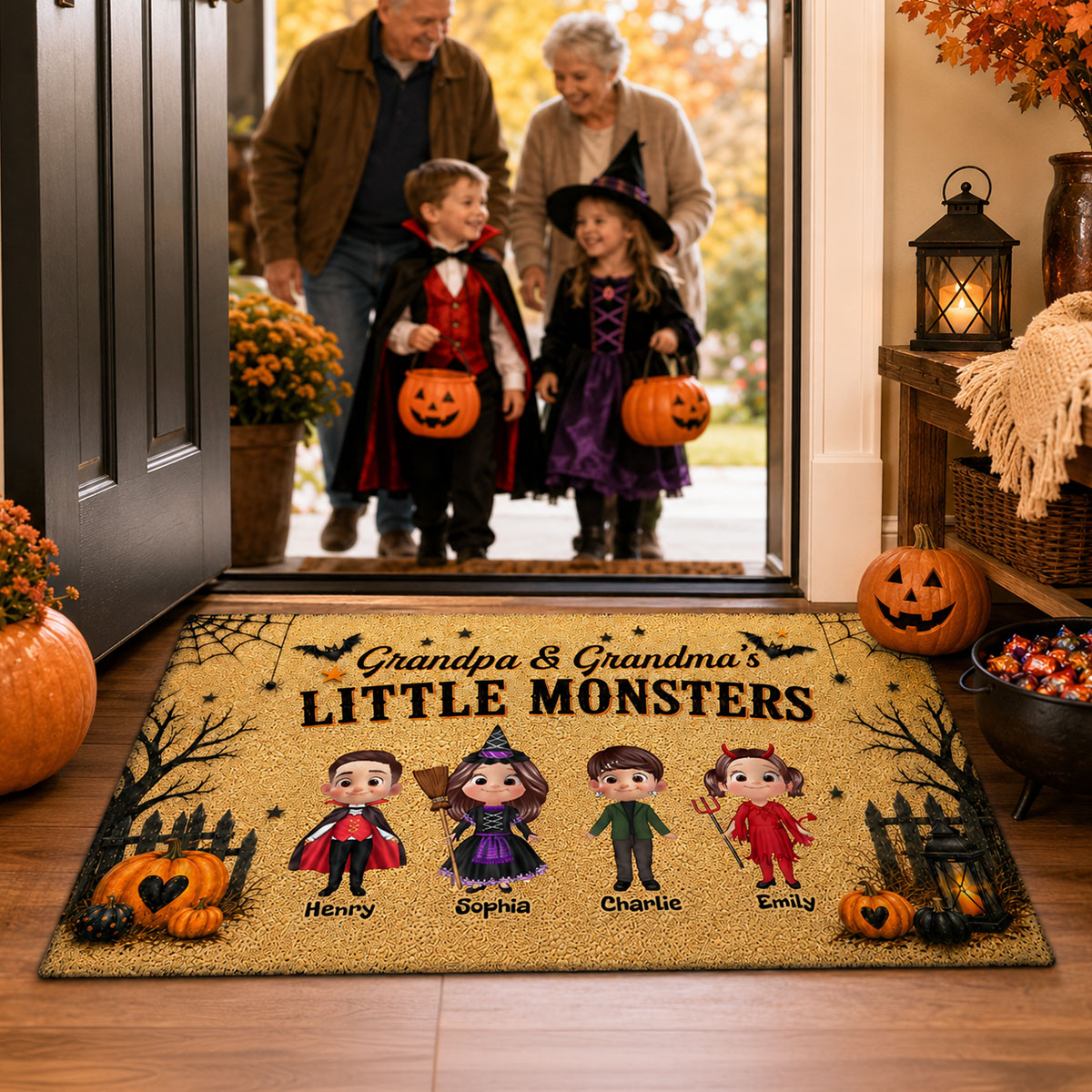 Halloween Grandpa Grandma Little Monsters Grandkids - Personalized Doormat - Halloween Decor For Grandparents