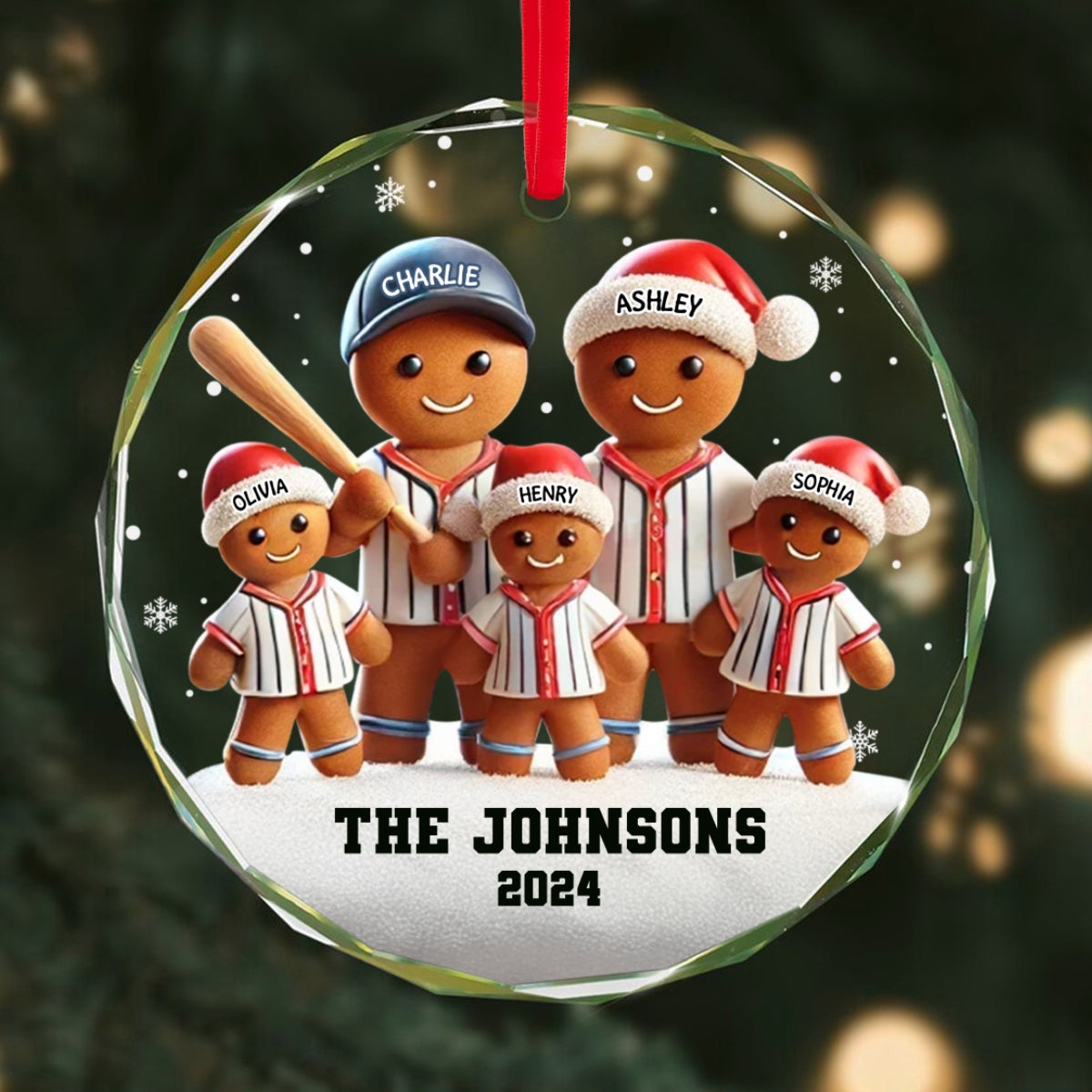 Baseball Gingerbread Family Sport Lover 3D Effect Personalized Glass Ornament