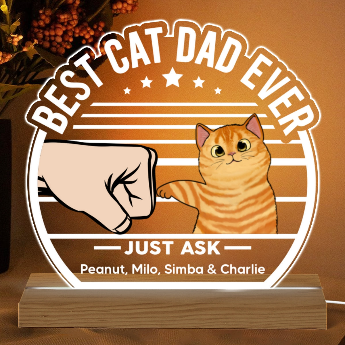 Best Cat Dad Ever Fluffy Cat Personalized Custom Shape LED Night Light