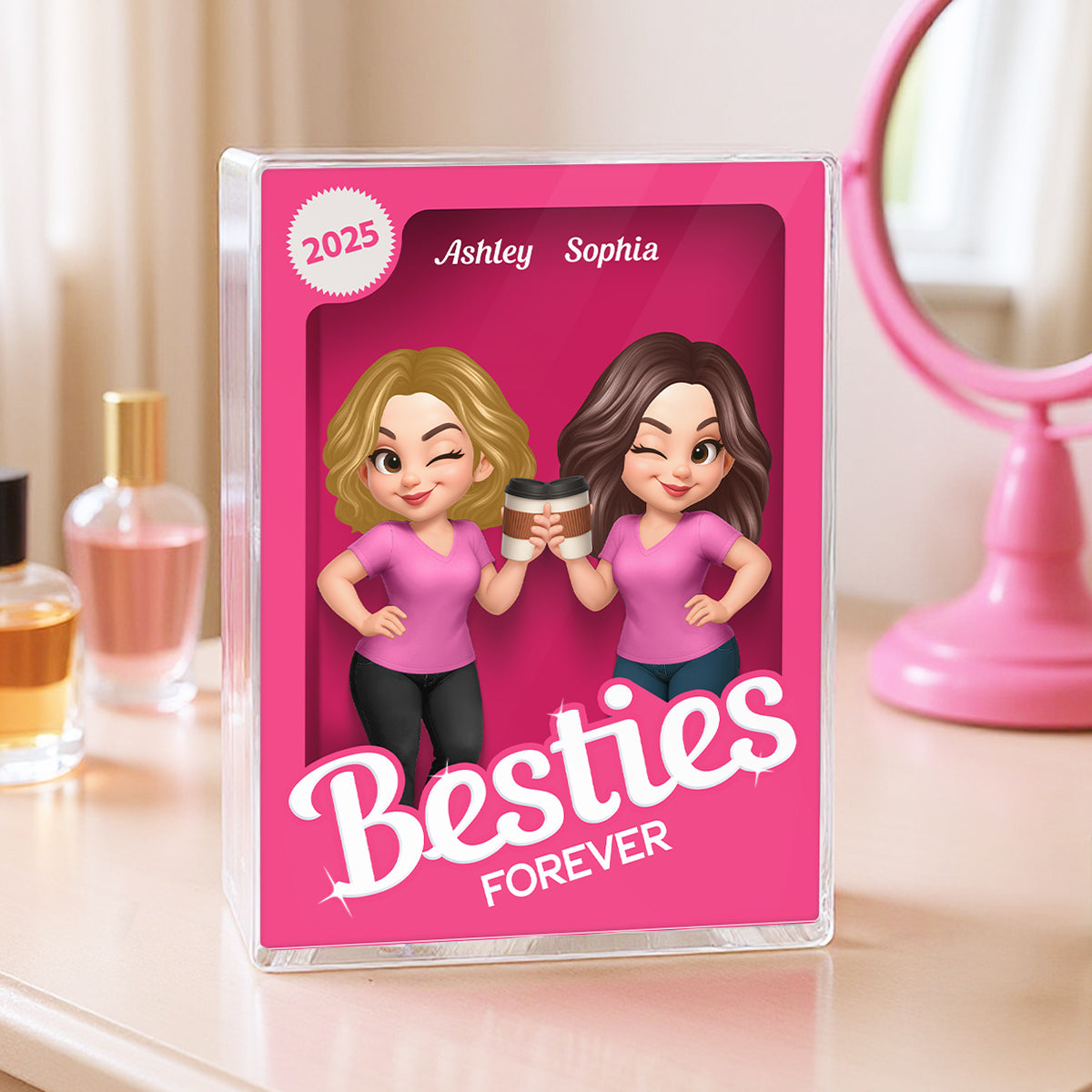Besties Forever Pink Action Figure 3D Effect Personalized Acrylic Block, Meaningful Gift For Best Friend