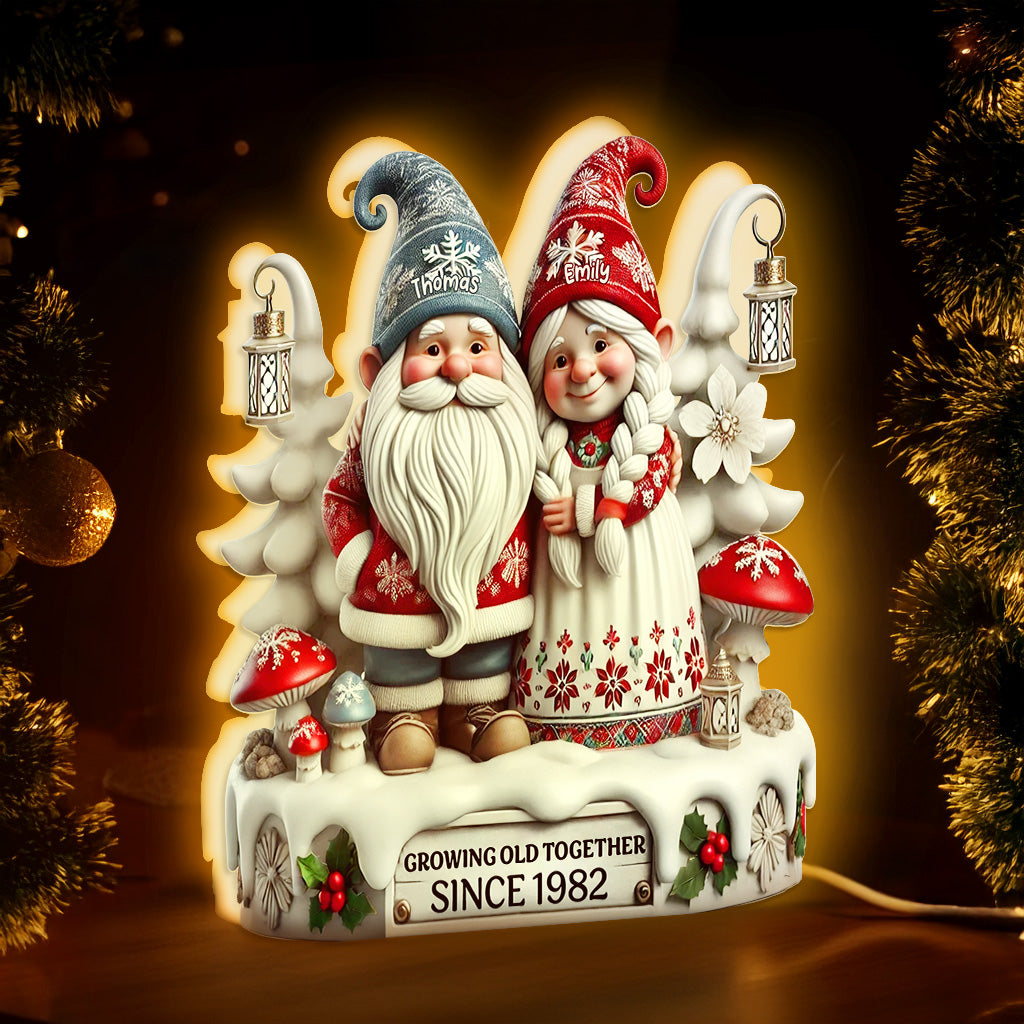 3D Effect Christmas Gnome Couple Growing Old Together - Personalized Light Box - Heartwarming Gift For Couple
