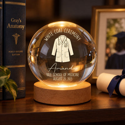 White Coat Ceremony - Personalized Crystal Ball – Custom Name Medical School Graduation, Gift for Doctor, Med Student & Future Physician