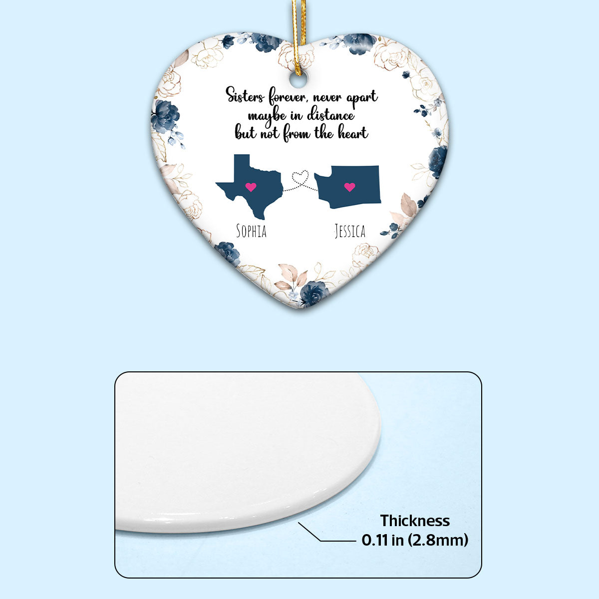 Sisters Forever Never Apart Personalized Ceramic Heart Ornament, Long Distance Togetherness Christmas Gift For Sisters, Siblings