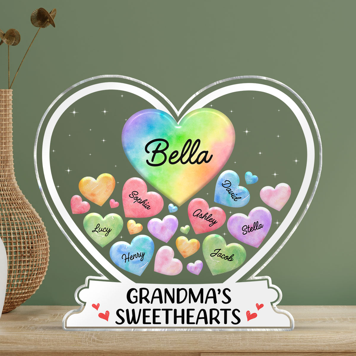 Grandma‘s Sweethearts Colorful Hearts In Heart Personalized Acrylic Block Plaque, Mother’s Day Gift For Grandma, Mom