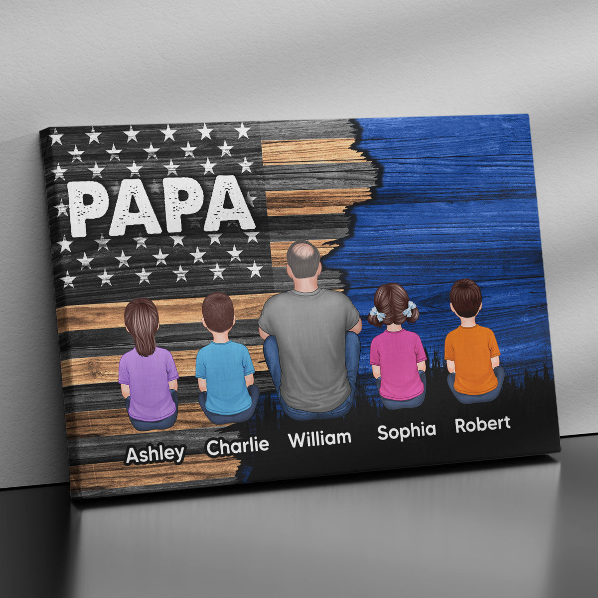 Dad Grandpa Papa Back View Sitting With Kids Half Nation Flag Personalized Canvas